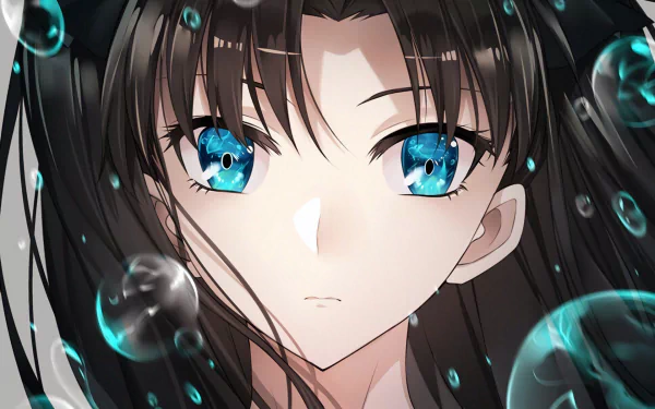 HD desktop wallpaper featuring Rin Tohsaka from Fate/Stay Night: Unlimited Blade Works, with striking blue eyes and black hair, surrounded by floating bubbles.