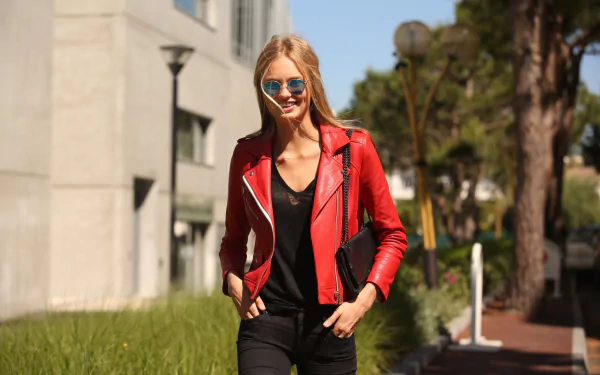 depth of field leather jacket sunglasses smile blonde Dutch model woman Romee Strijd HD Desktop Wallpaper | Background Image