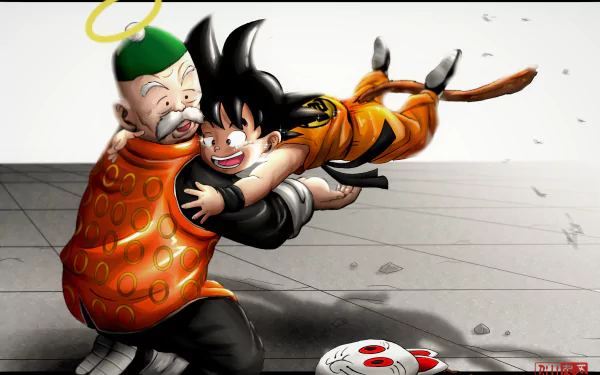 HD anime wallpaper featuring Grandpa Gohan joyfully hugging young Goku in Dragon Ball, capturing a heartwarming moment from the series.
