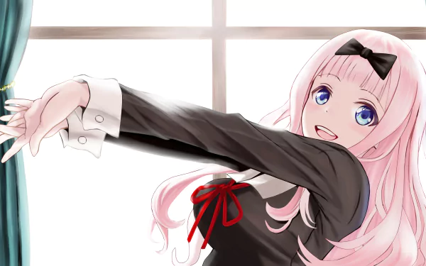 HD desktop wallpaper of Chika Fujiwara from the anime Kaguya-sama: Love is War. She is smiling with outstretched arms, wearing a black and white outfit with a red ribbon, standing in front of a window.