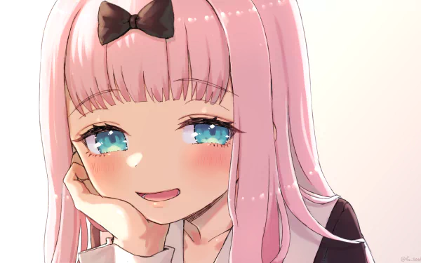 HD desktop wallpaper featuring Chika Fujiwara from the anime Kaguya-sama: Love is War. Chika is depicted smiling with pink hair, blue eyes, and a black bow.