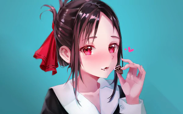 HD desktop wallpaper featuring Kaguya Shinomiya from the anime Kaguya-sama: Love is War, against a blue background. Kaguya is holding a small object, blushing with a hint of affection.