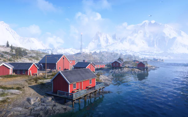 Battlefield V video game 4K Ultra HD PC desktop wallpaper: snowy coastal village with red boathouses on stilts, calm sea and distant mountains under a bright blue sky.