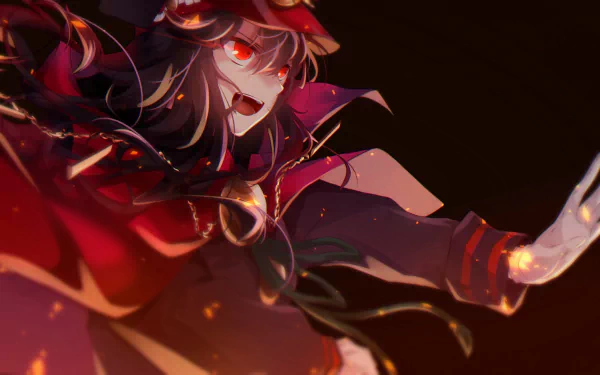 HD PC desktop wallpaper of Oda Nobunaga from Fate/Grand Order anime, showcasing vibrant colors and dynamic pose with intense red and dark tones.