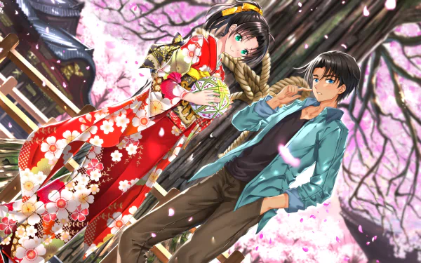 HD anime desktop wallpaper featuring Heiji Hattori and Kazuha Toyama from Detective Conan, set against a vibrant background of cherry blossoms.