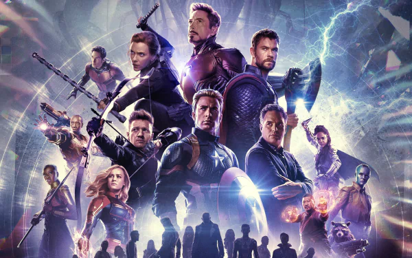 HD desktop wallpaper featuring Ant-Man, War Machine, Okoye, Nebula, Wong, Valkyrie, Hawkeye, Bruce Banner, Black Widow, Iron Man, Thor, Captain Marvel, Captain America, and Avengers: Endgame movie theme.