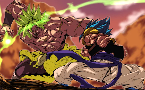 HD desktop wallpaper featuring Broly in his Legendary Super Saiyan form clashing with Super Saiyan Blue Gogeta from Dragon Ball Super: Broly anime.