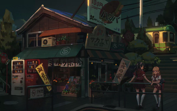 A vibrant anime-themed tram passing by a charming shop, set against a high-definition desktop wallpaper.