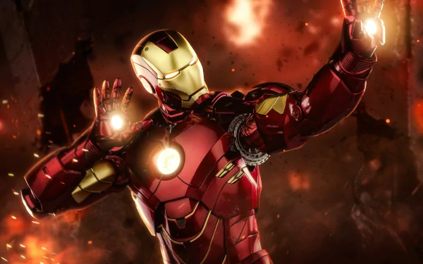 4K Ultra HD desktop wallpaper featuring a detailed Iron Man movie figurine with glowing arc reactor and repulsor beams in action pose.