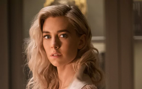 Close-up of English actress Vanessa Kirby with blonde hair and blue eyes from the movie Mission: Impossible – Fallout, presented as a 4K Ultra HD desktop wallpaper.