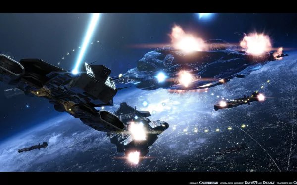 HD desktop wallpaper featuring a Daedalus-class ship from the TV show Stargate Atlantis in a space battle above a planet, illuminated by laser beams and explosions.