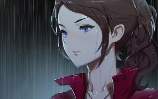 HD desktop wallpaper of Claire Redfield from Resident Evil 2 (2019). The image showcases Claire in the rain, with a determined expression and a prominent red jacket.