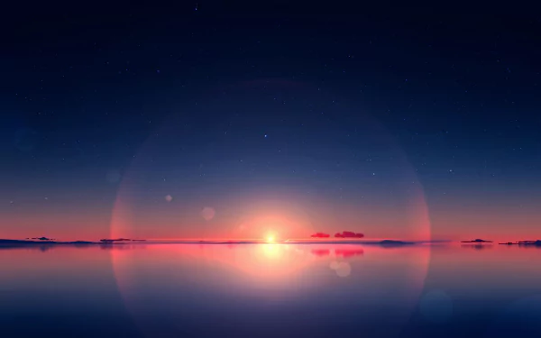 Anime-style HD desktop wallpaper depicting a serene sunrise over calm water with a clear, starry sky blending into warm dawn colors.