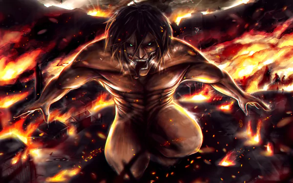 Eren Yeager in his titan form from Attack on Titan, depicted in a dramatic fiery scene. 8K Ultra HD anime desktop wallpaper and background.