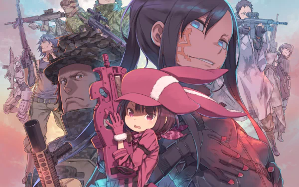 HD desktop wallpaper featuring characters from Sword Art Online Alternative: Gun Gale Online, including LLENN, Pitohui, M, Fukaziroh, Goushi Asougi, Miyu Shinohara, Karen Kohiruimaki, and Elsa Kanzaki, holding guns.