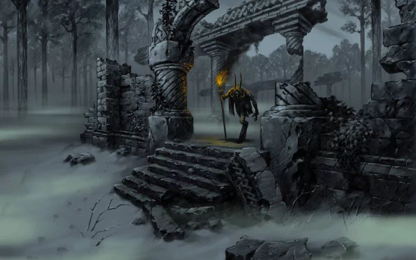 A mysterious, dark ruin stands amidst fog-covered trees, featuring ancient stone archways and a shadowy figure holding a torch, creating an atmospheric HD desktop wallpaper.