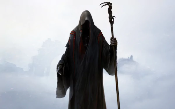 Dark, hooded grim reaper holding a twisted staff, shrouded in mist against a cloudy sky—HD PC desktop wallpaper with a mysterious, eerie atmosphere.