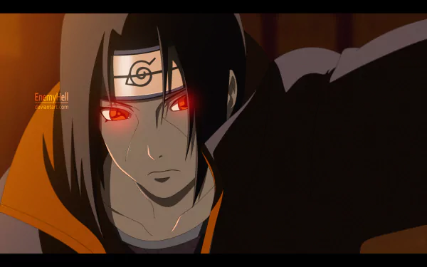 HD desktop wallpaper featuring Itachi Uchiha from Naruto, showcasing his activated Sharingan eyes in an intense action pose.