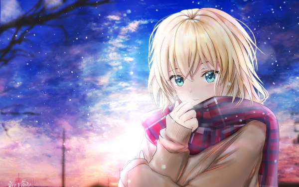 HD desktop wallpaper featuring Jeanne d'Arc from the Fate series, specifically Fate/Grand Order. The anime character is depicted with blonde hair and blue eyes, wrapped in a scarf against a stunning sunset background.