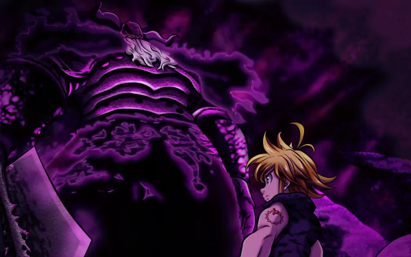 Anime HD wallpaper featuring Meliodas from The Seven Deadly Sins wielding a sword, confronting the Demon King, under a purple-hued, ominous backdrop. Meliodas has blonde hair and a black outfit.