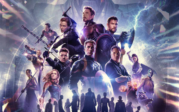 HD desktop wallpaper featuring the Avengers Endgame movie, showcasing various characters in dynamic poses with a dramatic, colorful background.