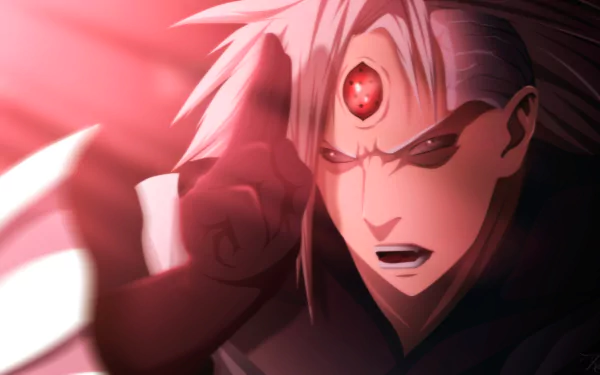 HD wallpaper of Madara Uchiha from Naruto, featuring his Sharingan and Rinnegan, with grey hair against a dramatic red background.