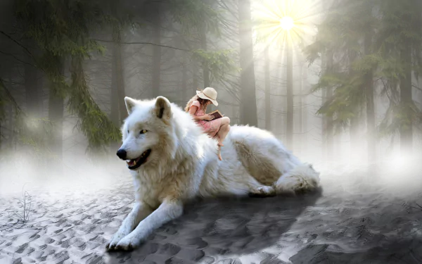  Girl Sitting on Giant White Wolf