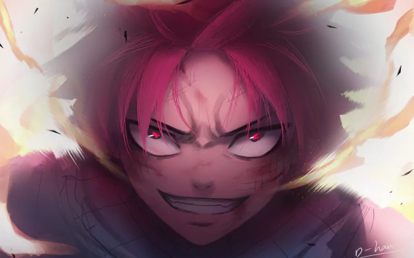 Natsu Dragneel from Fairy Tail depicted with intense expression and fiery aura in this vibrant 4K Ultra HD anime desktop wallpaper.