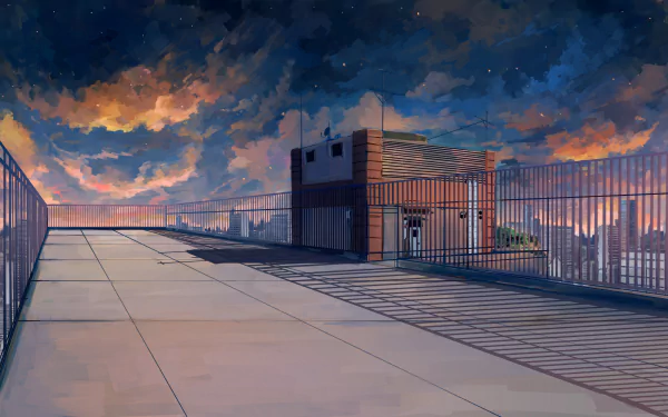 HD anime desktop wallpaper and background of a rooftop building surrounded by a fence, set against a dramatic, colorful sky at dusk.