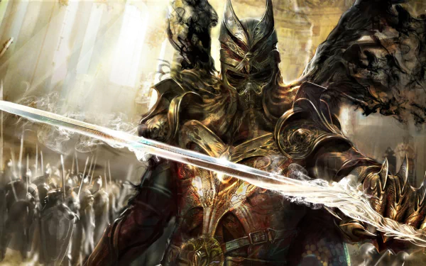 HD PC desktop wallpaper from the video game Legend Of The Cryptids, featuring a dark armored warrior wielding a glowing sword amid a smoky battlefield.