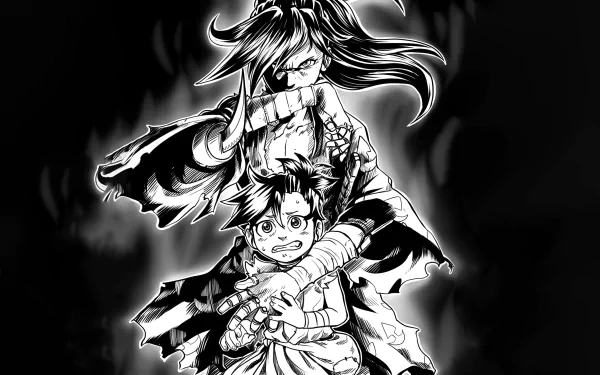 Black and white HD anime wallpaper featuring Hyakkimaru and Dororo characters from the series Dororo in a dramatic, intense pose with dark flames in the background.