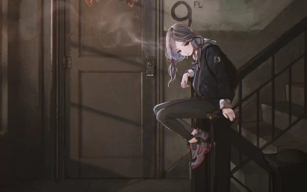 Anime-style HD desktop wallpaper featuring a long-haired character with twintails wearing a hoodie, sitting on stairs while holding a cigarette in a dimly lit setting.
