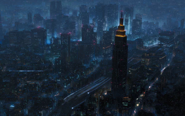 HD desktop wallpaper showcasing a stunning nighttime cityscape from the anime Your Name. The detailed artwork features illuminated skyscrapers and streets under a dark, starry sky.