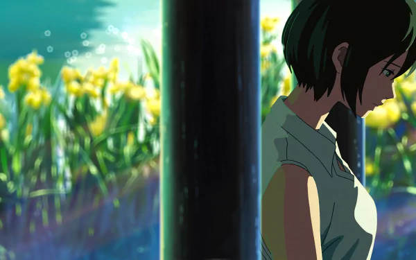 Anime-style 8K Ultra HD desktop wallpaper from The Garden of Words, featuring a pensive character against a vibrant, sunlit background of yellow flowers and greenery.