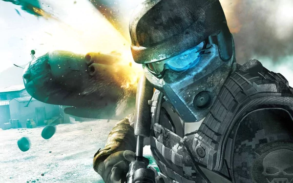 HD PC desktop wallpaper featuring a soldier in futuristic combat gear from Tom Clancy's Ghost Recon: Future Soldier with an explosive background scene.