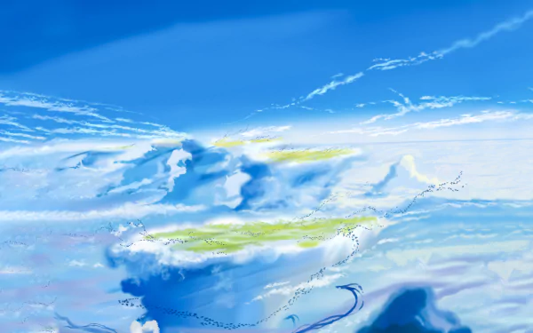 A breathtaking anime landscape from Weathering with You (Tenki no Ko), featuring a vibrant sky and clouds in an HD desktop wallpaper.