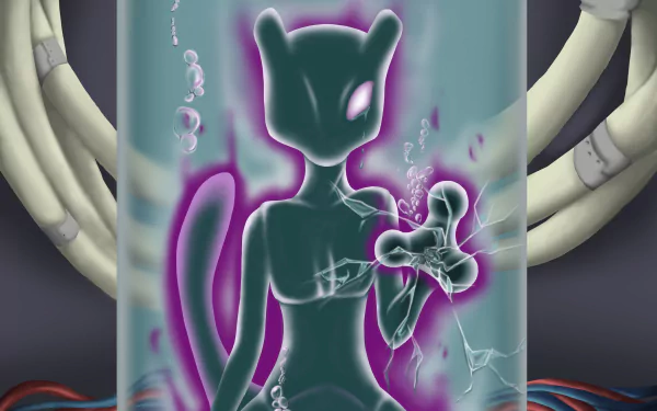 Mewtwo (Pokémon) sealed in a fluid chamber, purple psychic aura and bubbles, anime-style 2K Quad HD PC desktop wallpaper background.