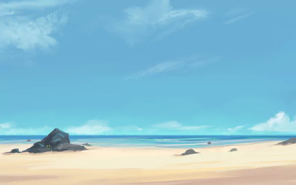 Anime-style HD PC desktop wallpaper depicting a serene beach with clear skies, gentle waves, and scattered rocks along the sandy shore.