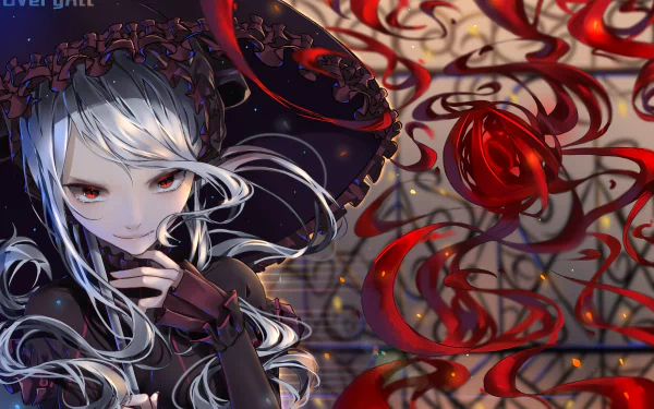 HD desktop wallpaper featuring Shalltear Bloodfallen from the anime Overlord. The character is elegantly depicted with white hair and a dark outfit against a vibrant background with swirling red patterns.