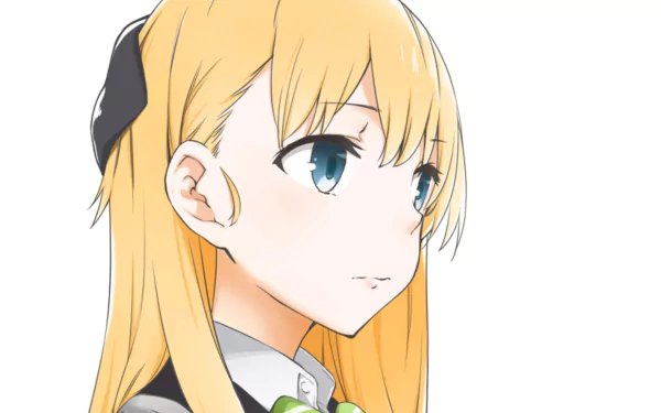 HD PC desktop wallpaper: close-up anime portrait of Karen Tendou, blonde-haired gamer with teal eyes and calm expression, wearing a school-style outfit against a pale background.