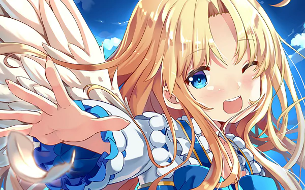 HD desktop wallpaper of Filo from The Rising of the Shield Hero anime, featuring a cheerful blonde character with blue eyes and angelic wings.