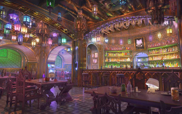 HD anime-themed wallpaper depicting a cozy shop interior with colorful lanterns, wooden furniture, and shelves filled with various items.
