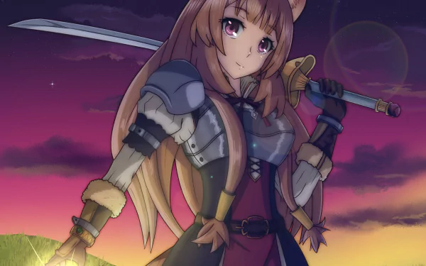 HD anime wallpaper featuring Raphtalia from The Rising of the Shield Hero with pink eyes and brown hair, holding a sword against a vibrant sunset sky.