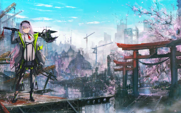two-toned hair cherry blossom grey hair pink hair red eyes long hair wrench Anime Original HD Desktop Wallpaper | Background Image