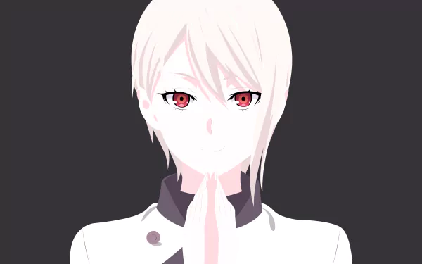 Minimalist portrait of Alice Nakiri from Food Wars: Shokugeki no Soma — white-haired anime close-up with red eyes on a dark background; 8K Ultra HD PC desktop wallpaper.