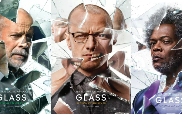 HD wallpaper of Glass featuring split images of Bruce Willis, James McAvoy, and Samuel L. Jackson behind shattered glass.