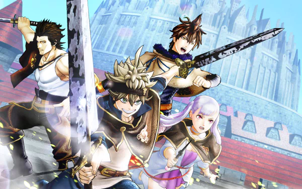 HD wallpaper of Asta, Yuno, Noelle Silva, and Yami Sukehiro from Black Clover posed for battle against a backdrop of a magical kingdom.