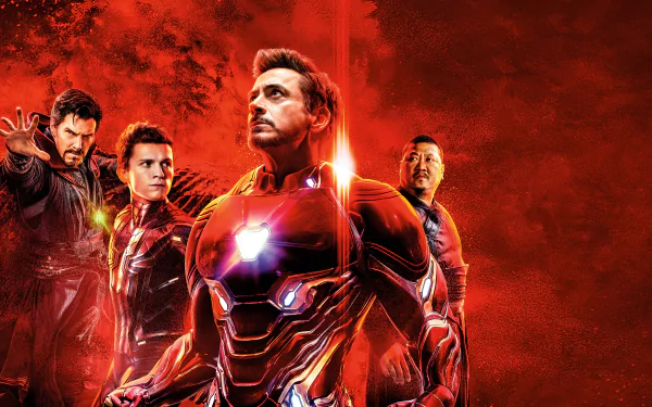 HD desktop wallpaper featuring Doctor Strange (Benedict Cumberbatch), Spider-Man (Tom Holland), Iron Man (Robert Downey Jr.), and Wong (Benedict Wong) from Avengers: Infinity War, against a vibrant red background.