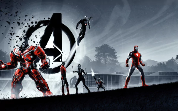 HD desktop wallpaper featuring Avengers Endgame characters Hulkbuster, War Machine, Rocket Raccoon, Black Widow, Nebula, and Iron Man against a cinematic backdrop with the Avengers logo.