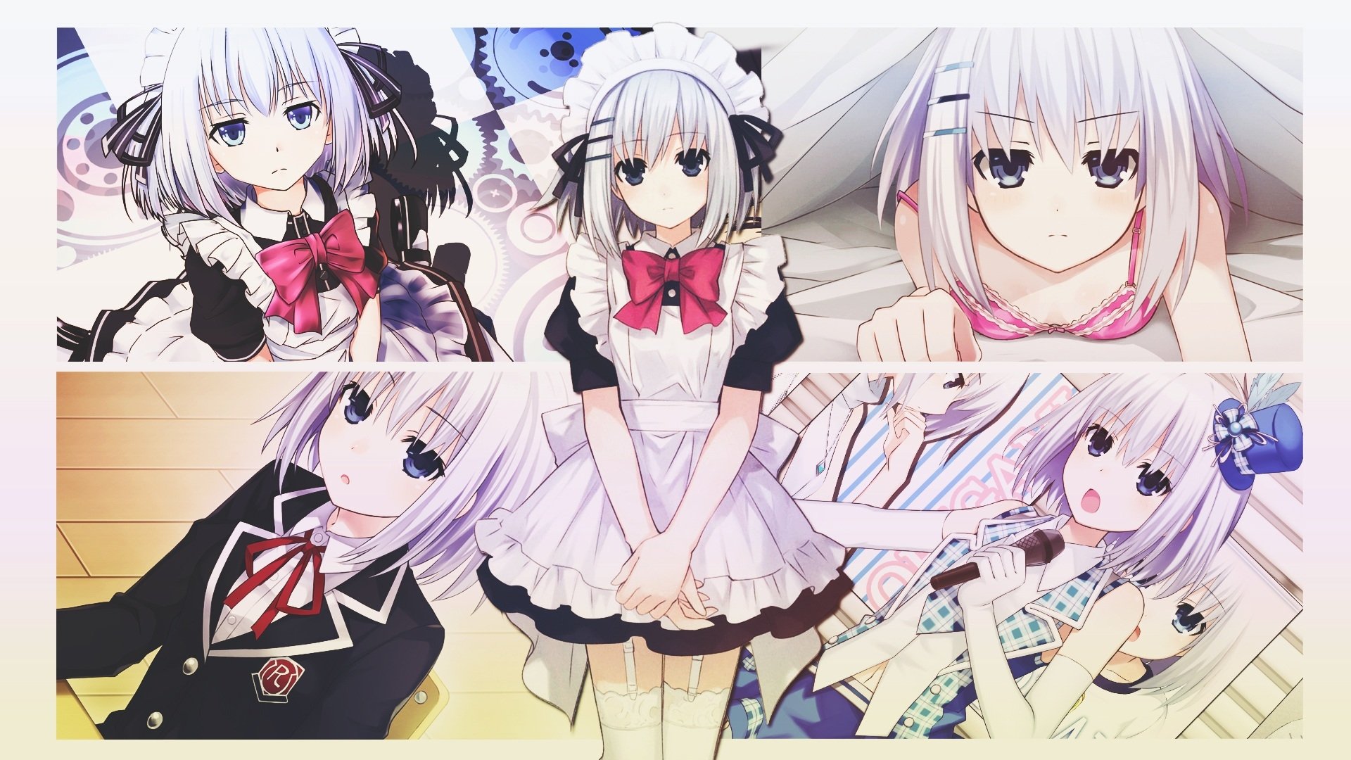 HD PC desktop wallpaper featuring Origami Tobiichi from the anime Date A Live in various outfits and poses.